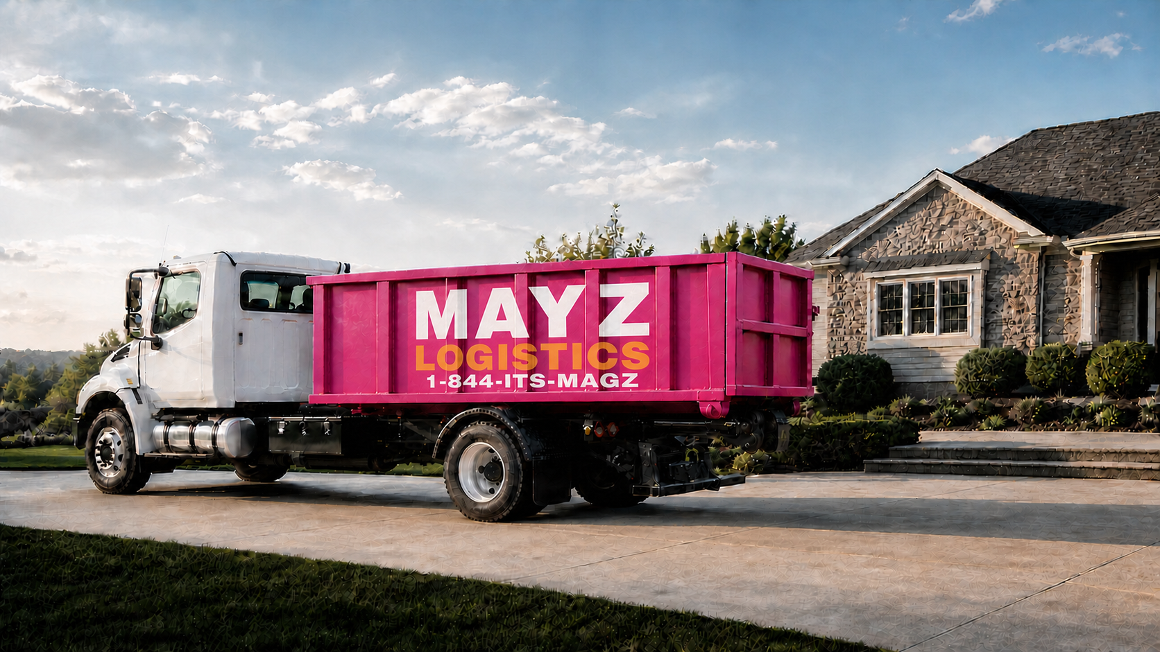MAYZ Logistics pink hooklift dumpster with centered branding and phone number 1-844-ITS-MAGZ